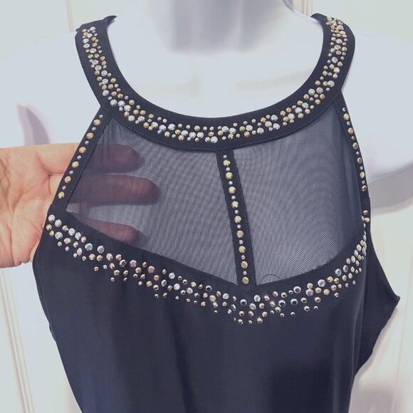 Cache-NWT-Navy Mesh/Gold/Silver Beaded Sleeveless Top-Sz. Medium-Fancy-Built Bra - Picture 5 of 13